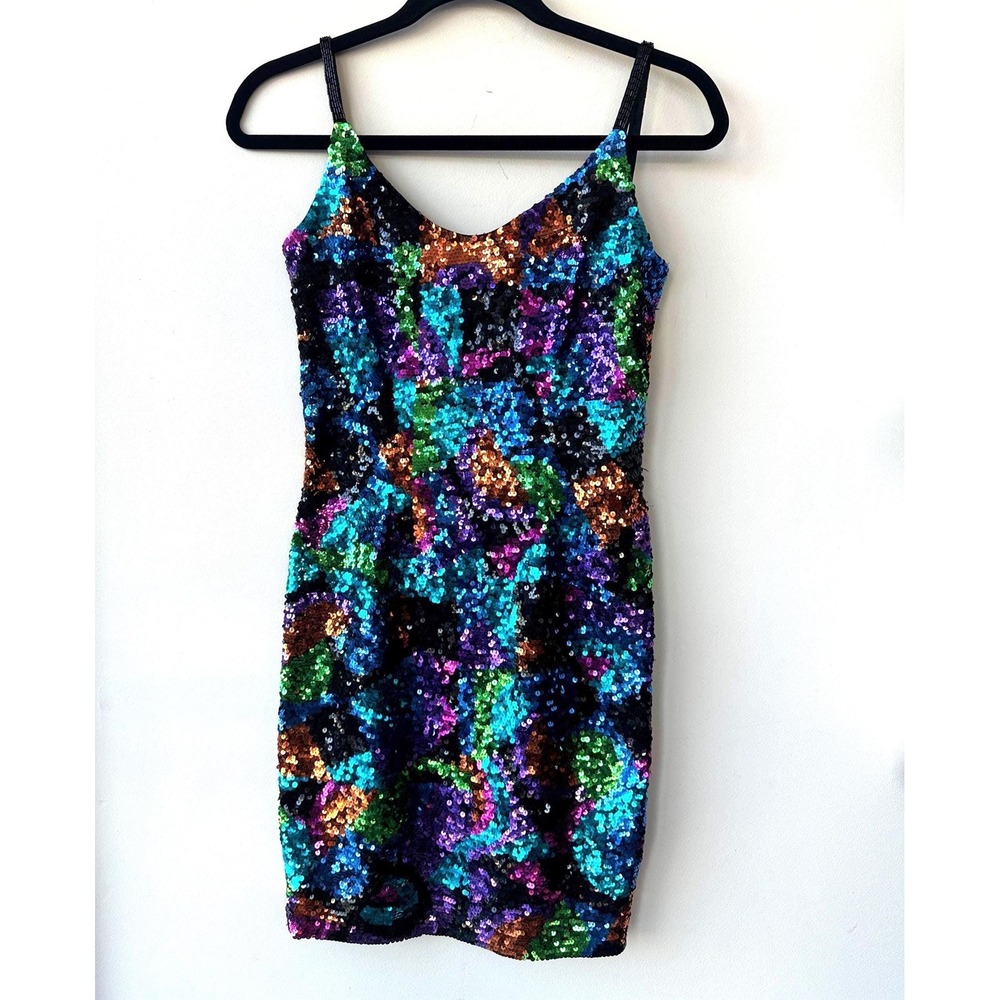 Vintage 80s Oleg Cassini Black Tie Multicolor Sequined New Years Eve Mini Dress